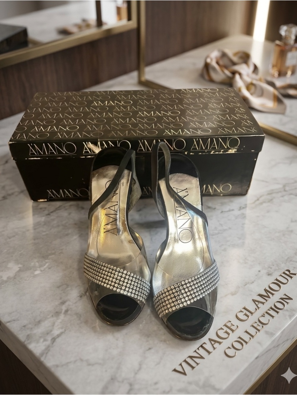 Vintage Amano Women's Silver Slingback Peep-Toe Heels with Crystal Accent